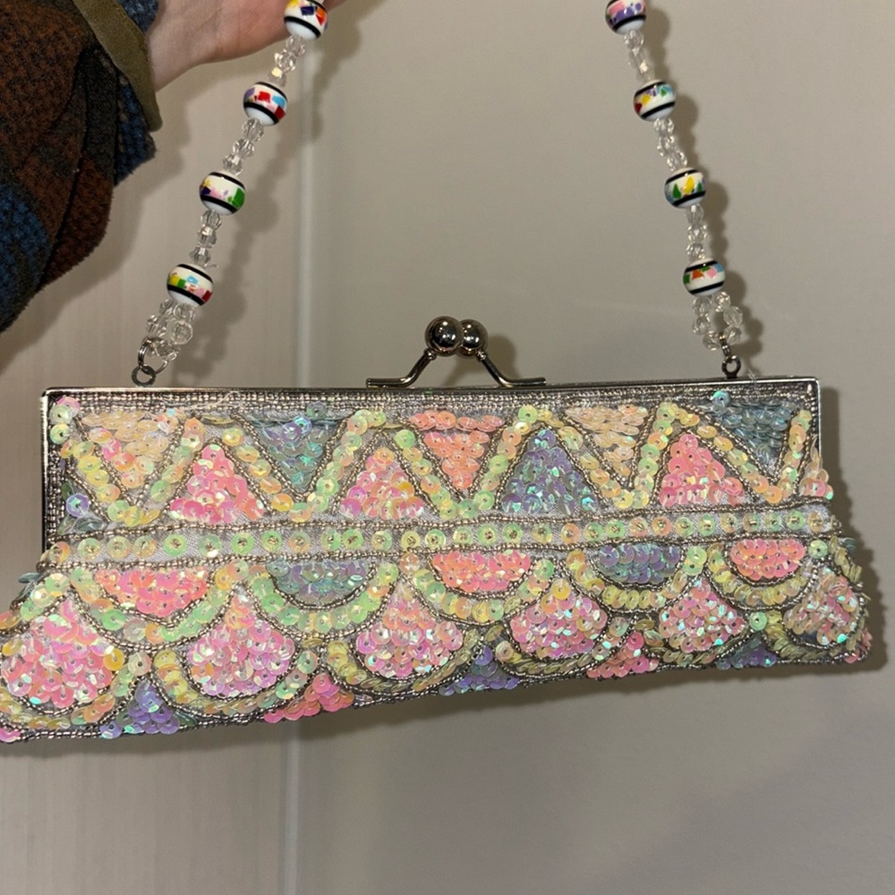 Y2K vintage style beaded princess purse mini shoulder bag yellow pink silver - Picture 4 of 6